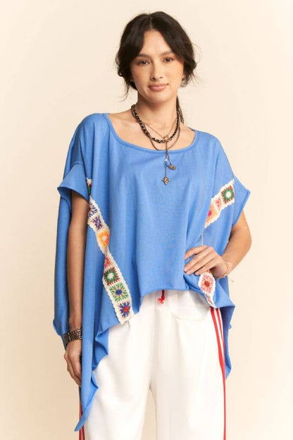 CROCHET TRIM BATWING SLEEVES LOOSE FIT TOP - Blu Lotus Boutique