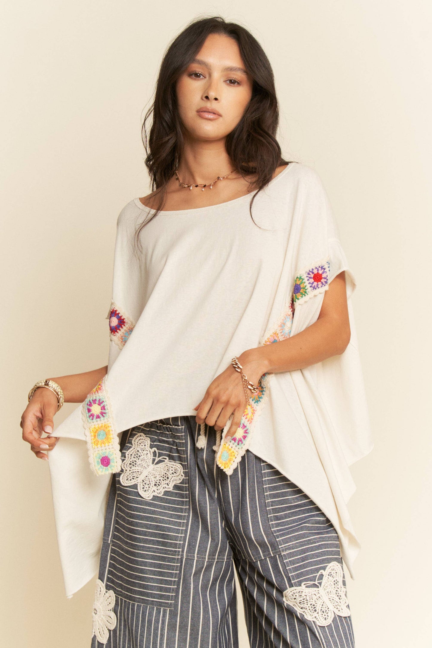 CROCHET TRIM BATWING SLEEVES LOOSE FIT TOP - Blu Lotus Boutique