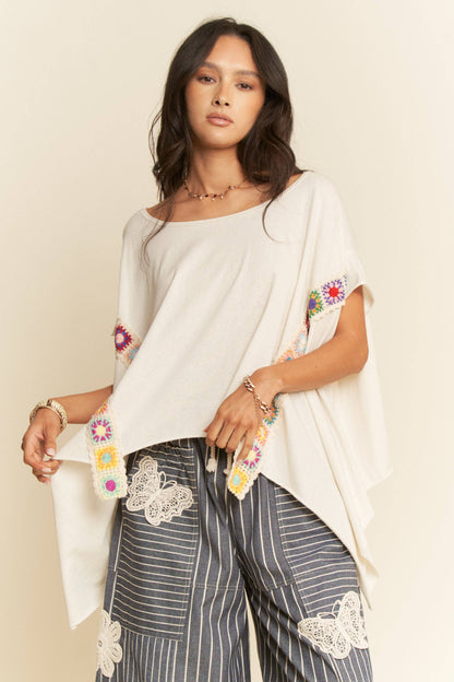 CROCHET TRIM BATWING SLEEVES LOOSE FIT TOP - Blu Lotus Boutique