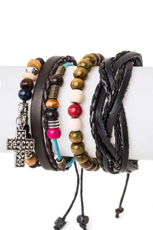 Cross Charm Mix Beads Leather Bracelet Set - Blu Lotus Boutique