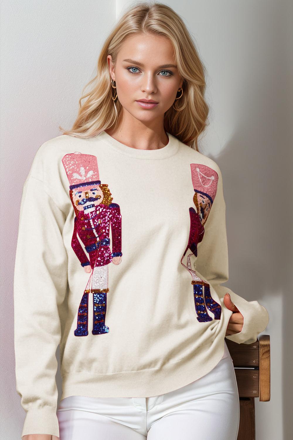 Double Take Full Size Nutcracker Sequin Long Sleeve Sweater - Blu Lotus Boutique