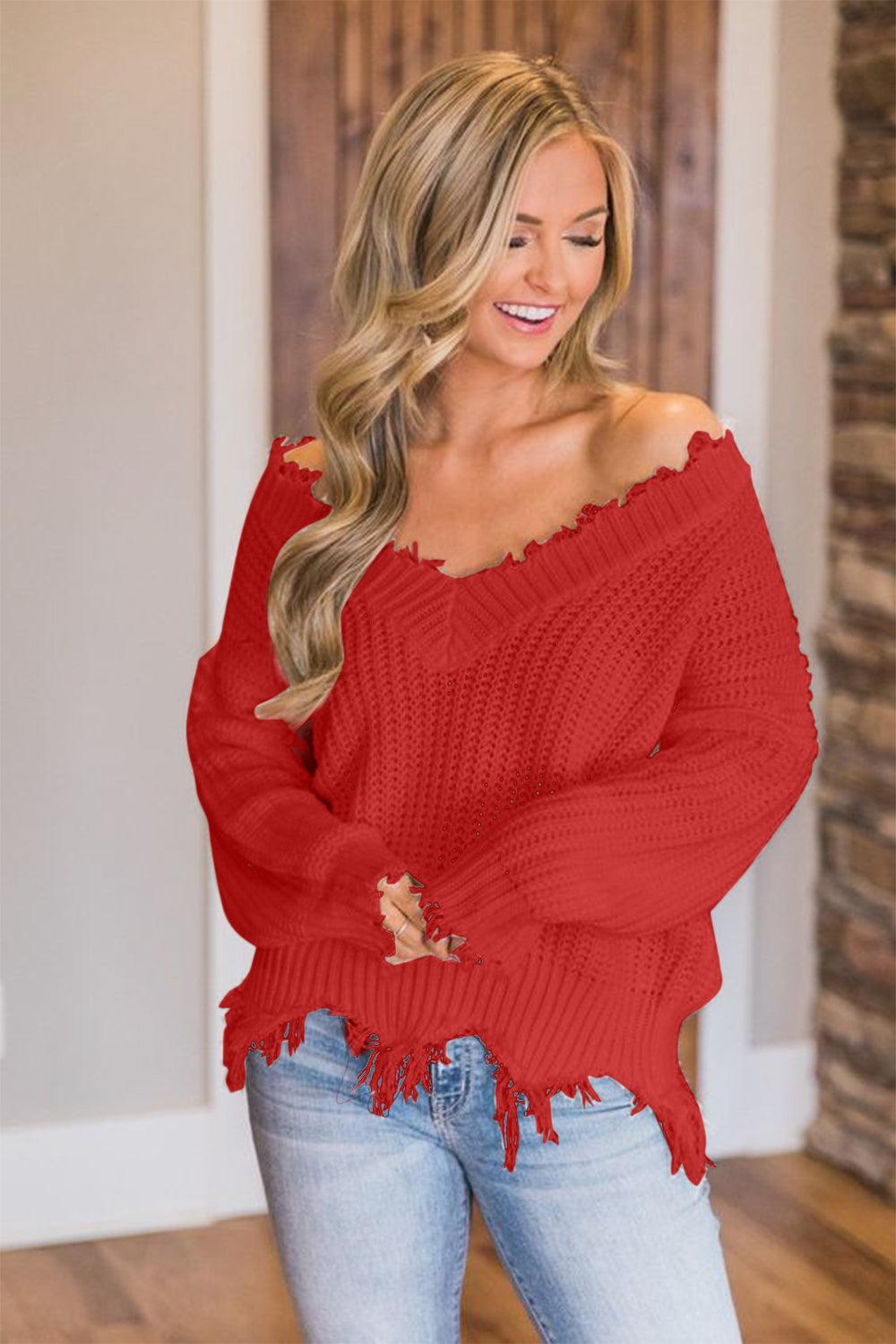 Frayed Hem Dropped Shoulder Sweater - Blu Lotus Boutique