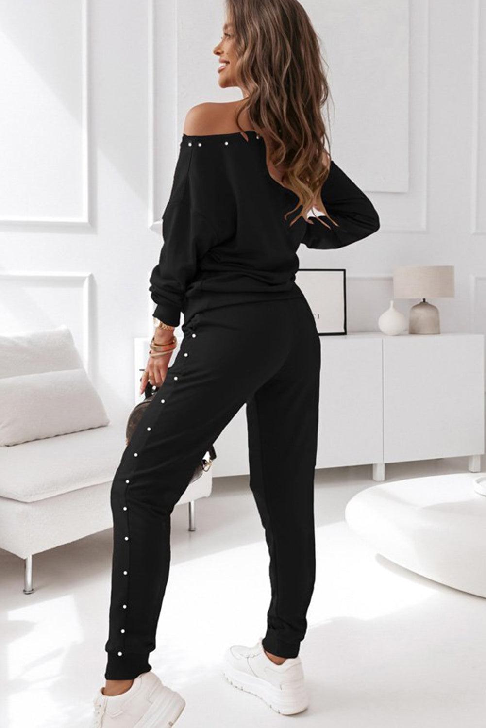 Black Beaded Decor Pullover and Jogger Pants Set - Blu Lotus Boutique