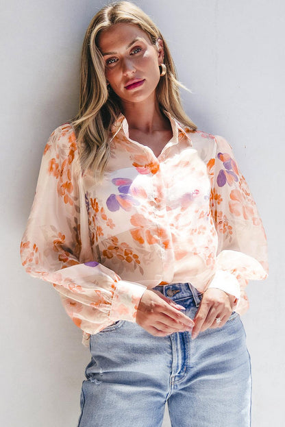 White Floral Print Collared Balloon Sleeve Loose Shirt - Blu Lotus Boutique