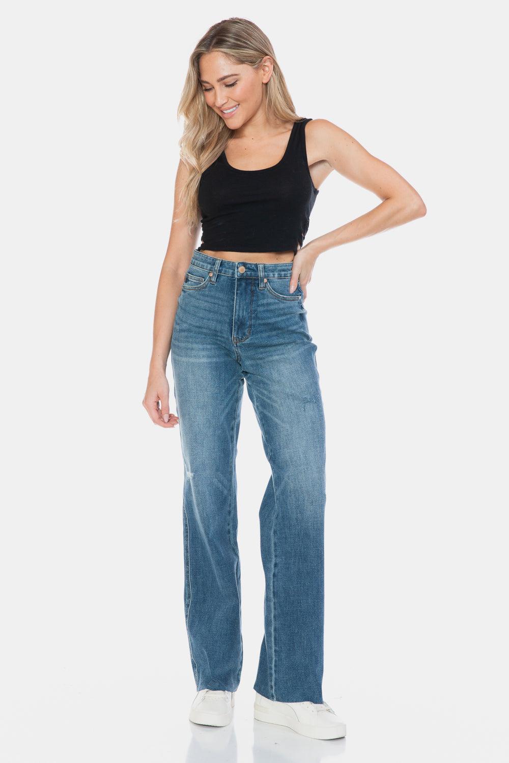 Judy Blue Full Size Tummy Control Cut Raw Hem Straight Jeans - Blu Lotus Boutique