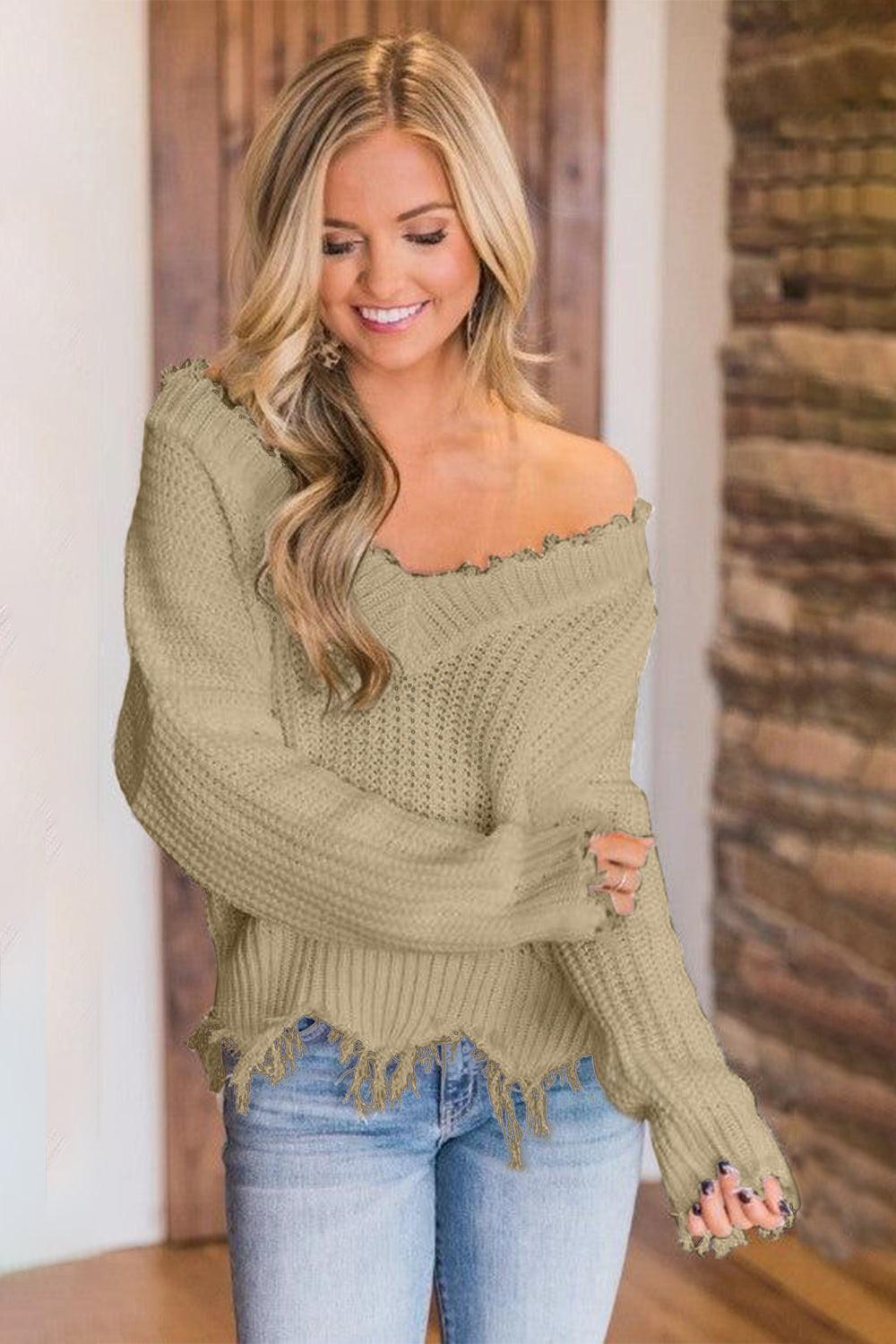 Frayed Hem Dropped Shoulder Sweater - Blu Lotus Boutique