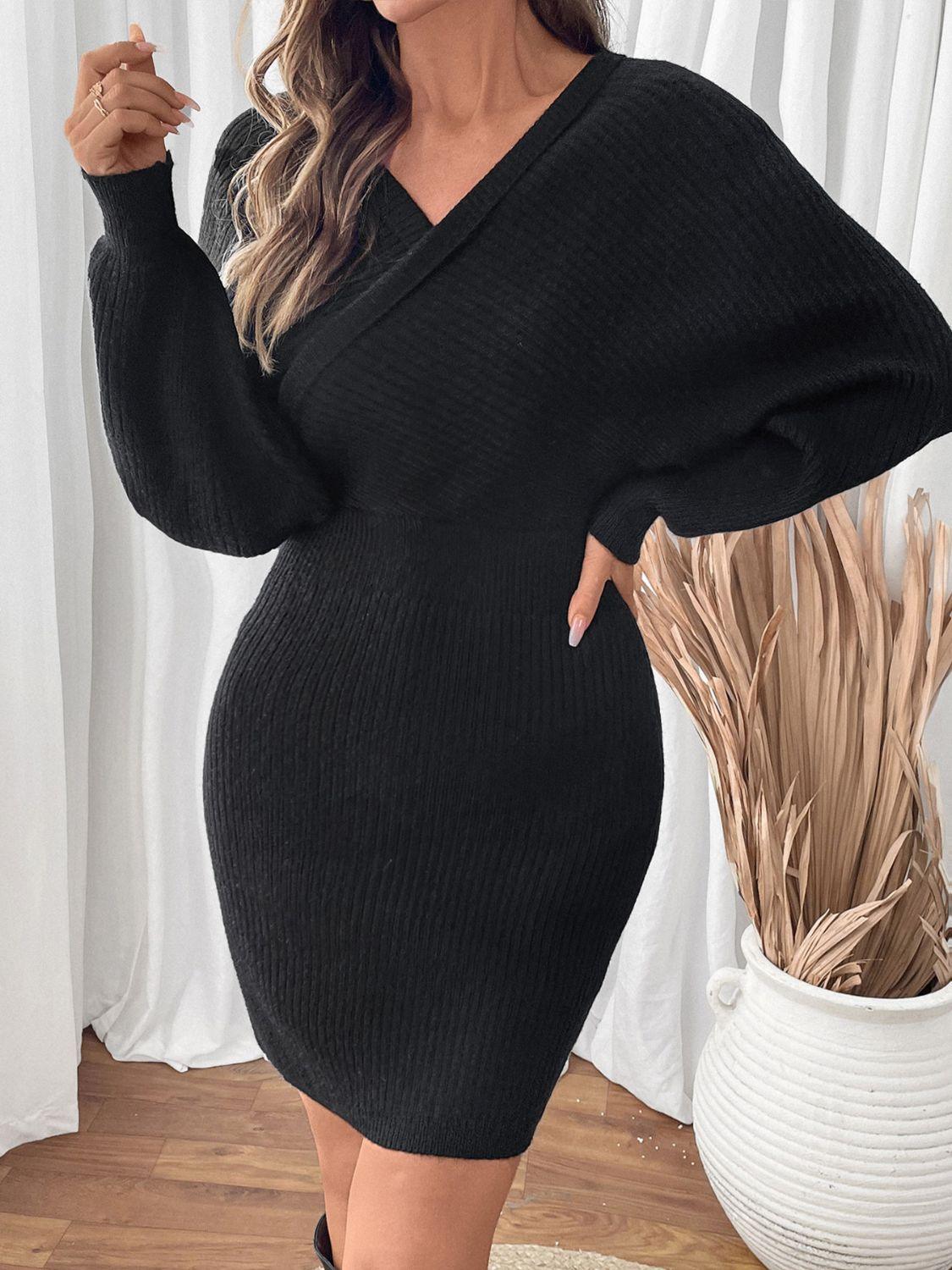 Perfee Surplice Long Sleeve Sweater Dress - Blu Lotus Boutique