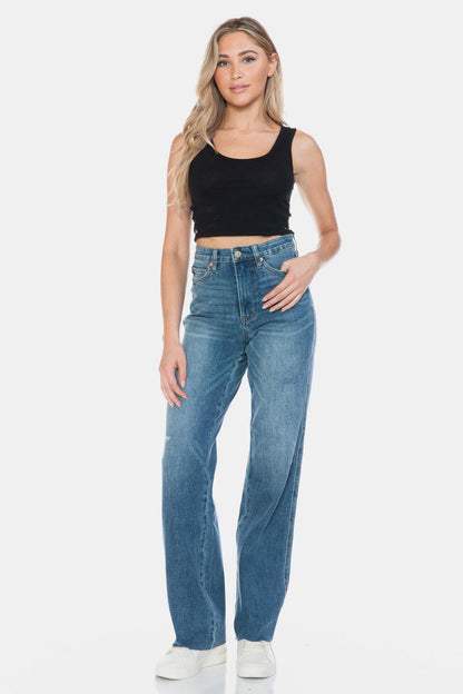 Judy Blue Full Size Tummy Control Cut Raw Hem Straight Jeans - Blu Lotus Boutique