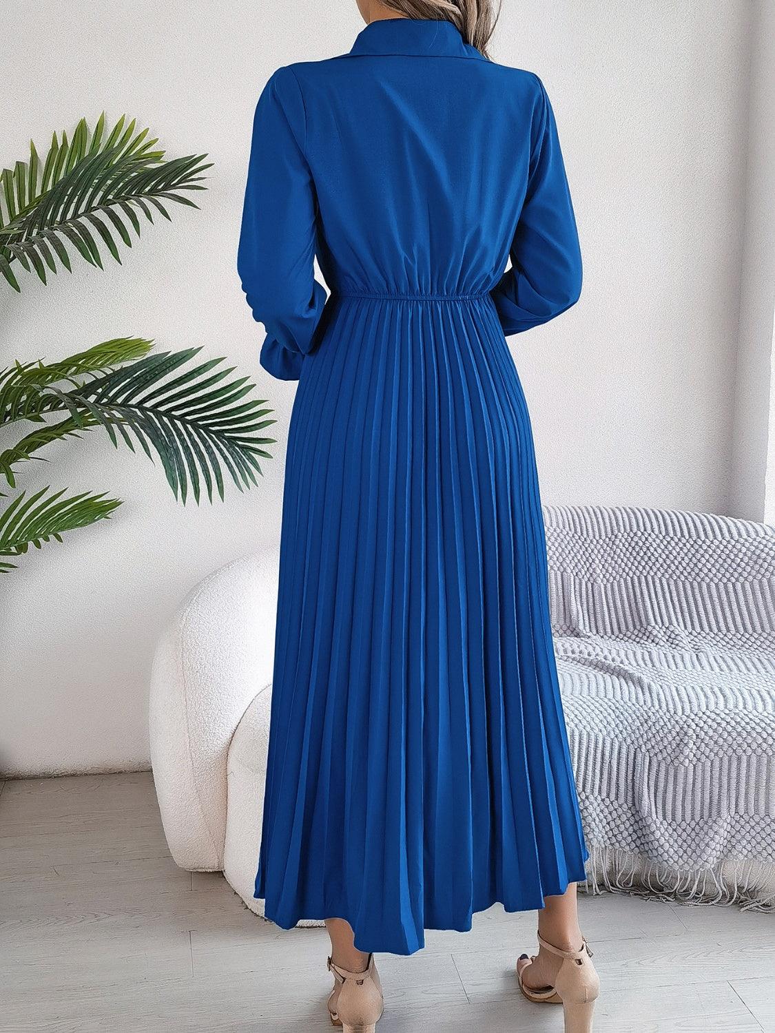 Pleated Half Button Long Sleeve Midi Dress - Blu Lotus Boutique