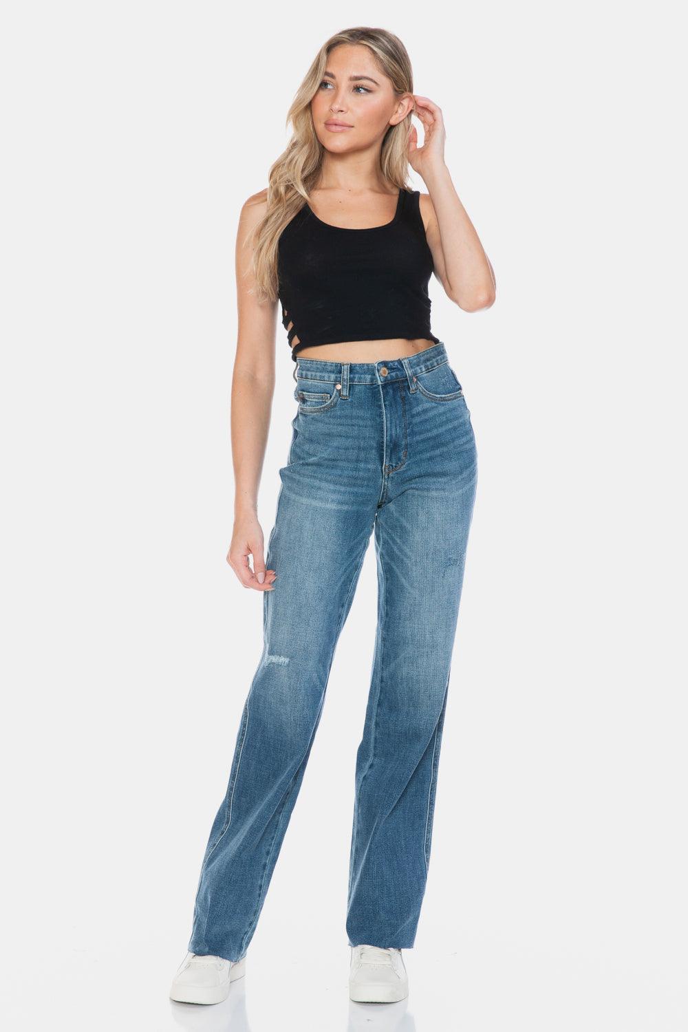 Judy Blue Full Size Tummy Control Cut Raw Hem Straight Jeans - Blu Lotus Boutique