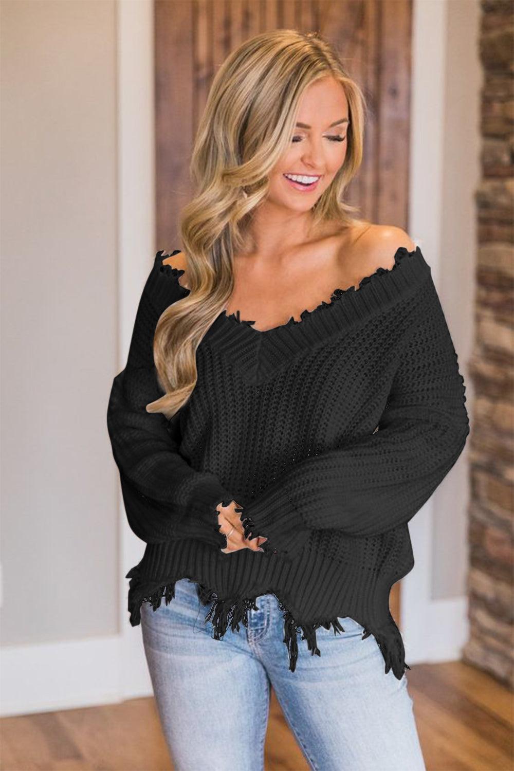 Frayed Hem Dropped Shoulder Sweater - Blu Lotus Boutique