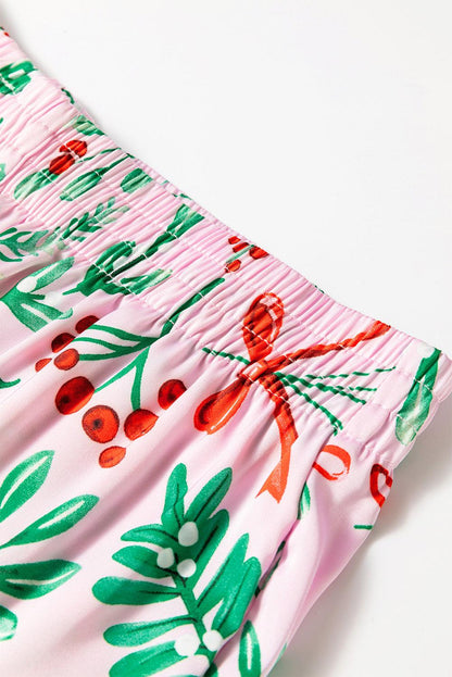 Pink Christmas Berries Plant Print Satin Long Sleeve Pajama Set - Blu Lotus Boutique