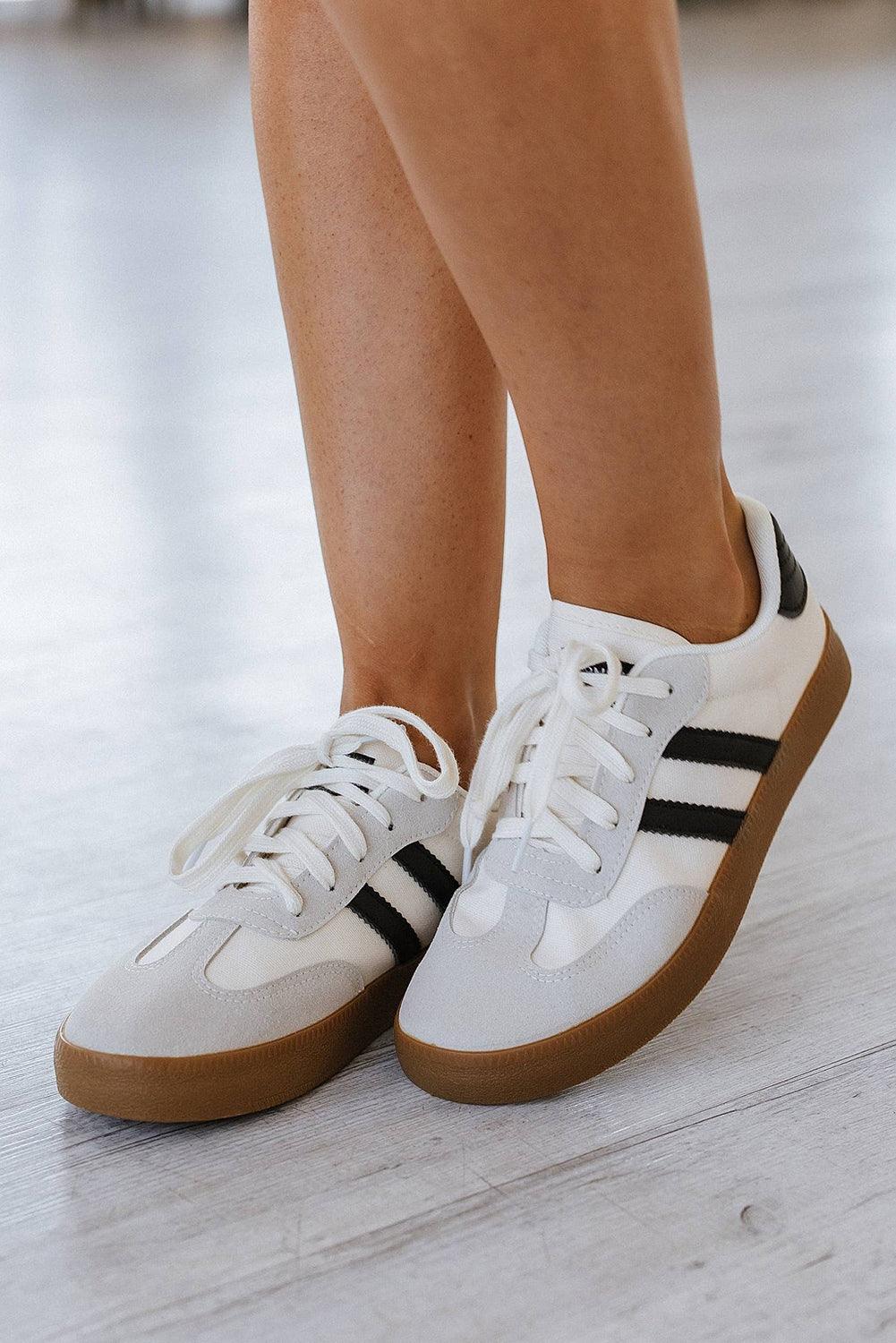 White Striped Lace-up Flat Sneakers - Blu Lotus Boutique