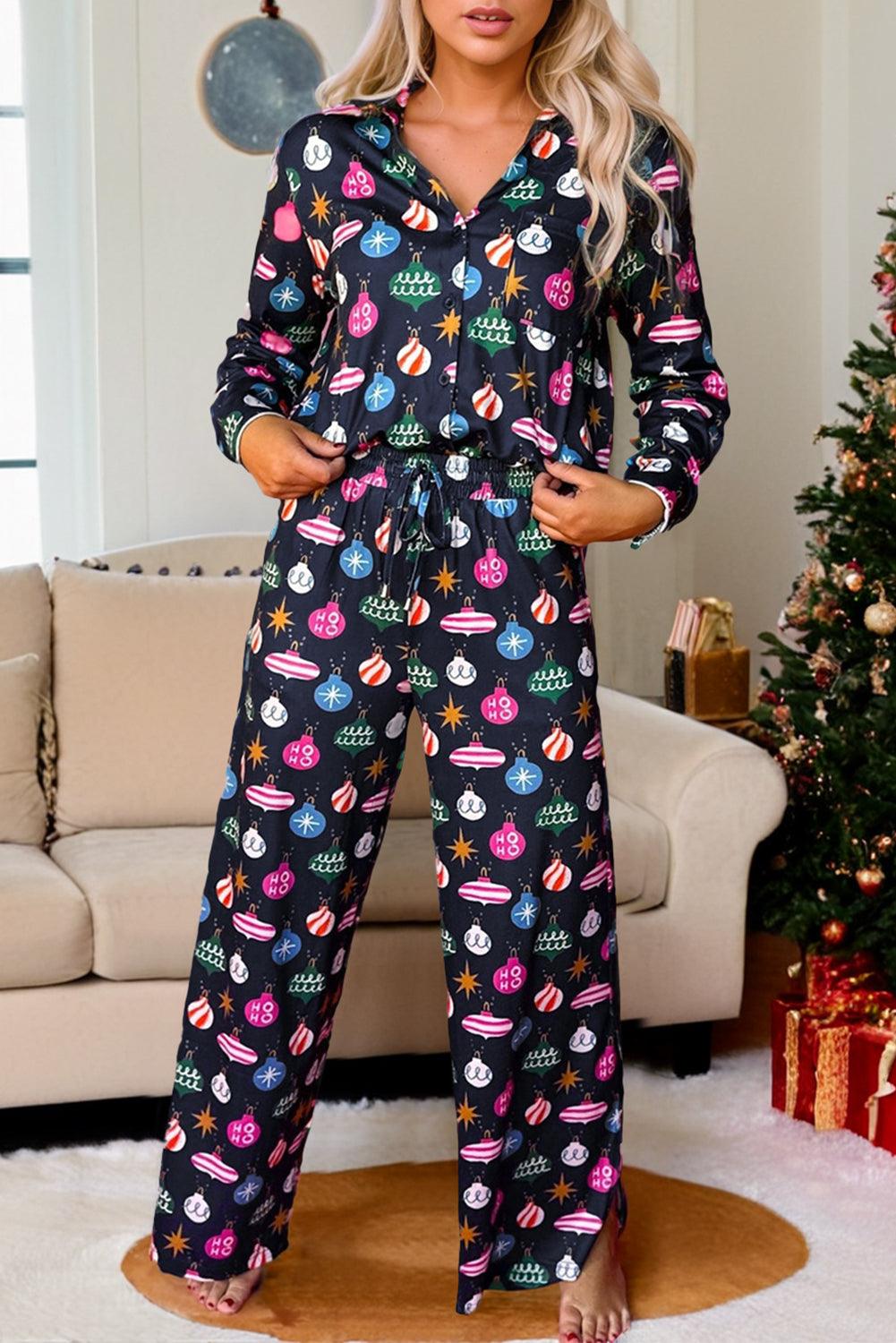 Navy Blue Colorful Christmas Lights Print Shirt and Pants Pajama Set - Blu Lotus Boutique