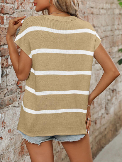 Mandy Striped Round Neck Short Sleeve Knit Top - Blu Lotus Boutique