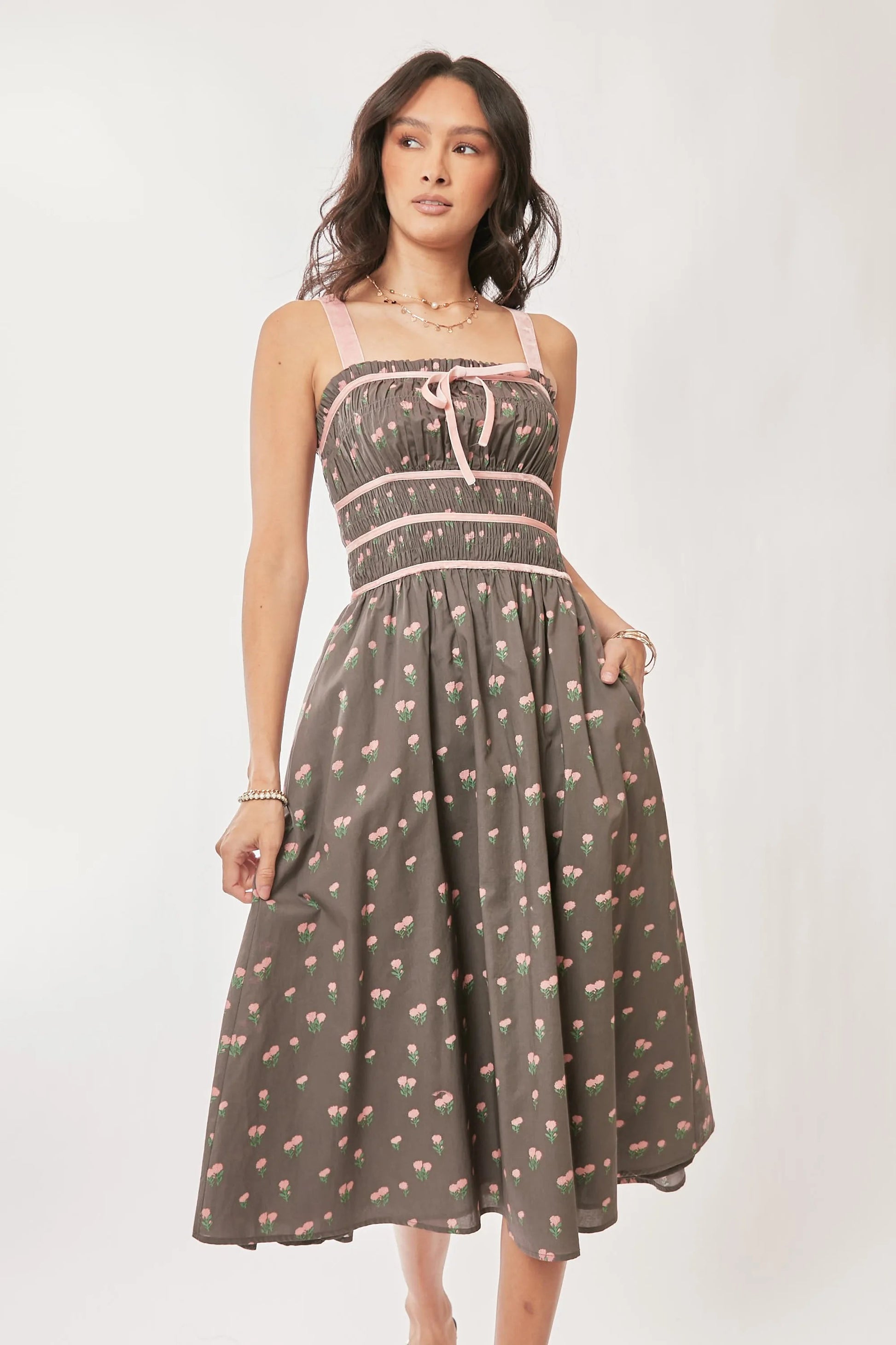 Davi & Dani Contrast Velvet Tape Smocking Bodice Midi Dress - Blu Lotus Boutique