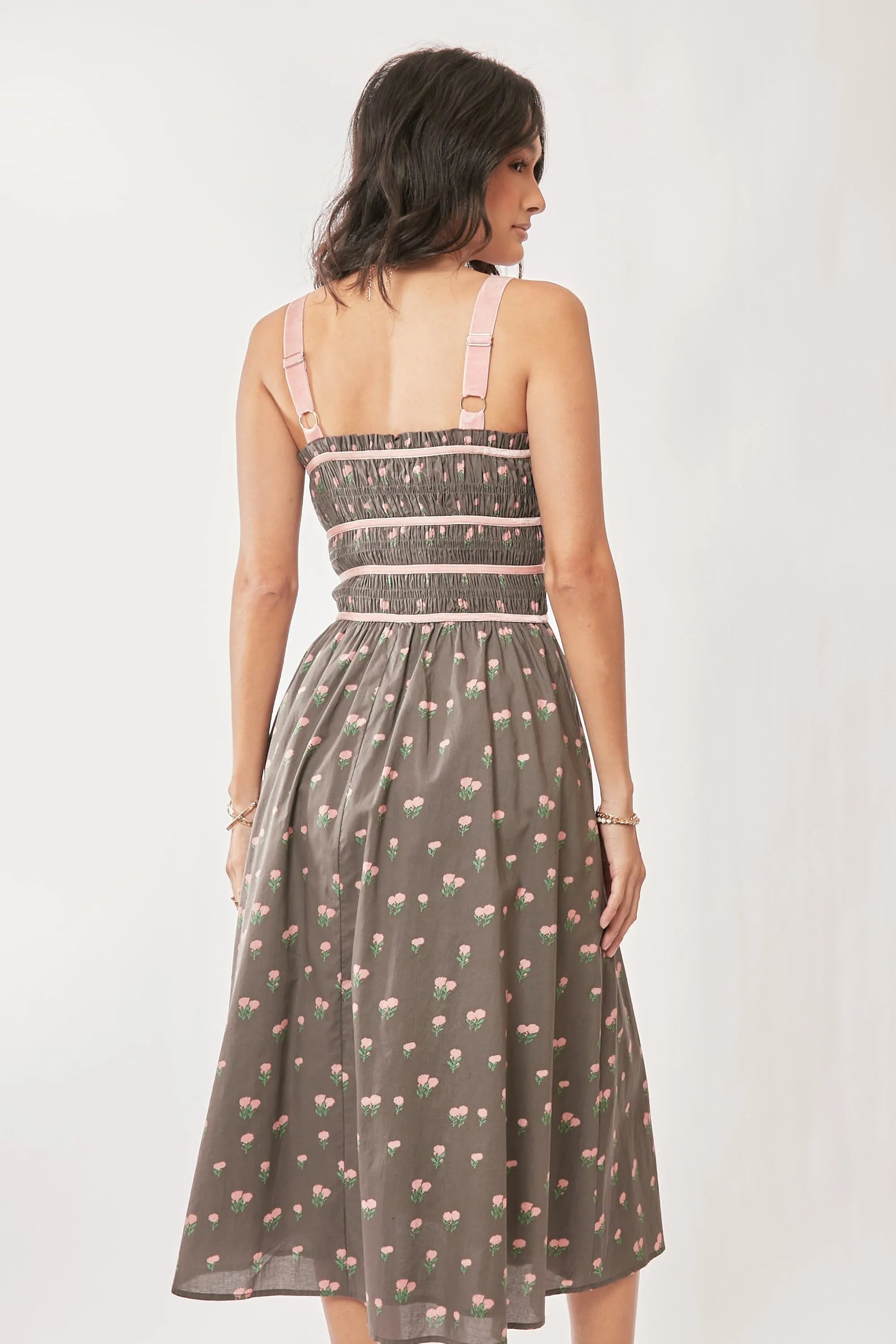 Davi & Dani Contrast Velvet Tape Smocking Bodice Midi Dress - Blu Lotus Boutique