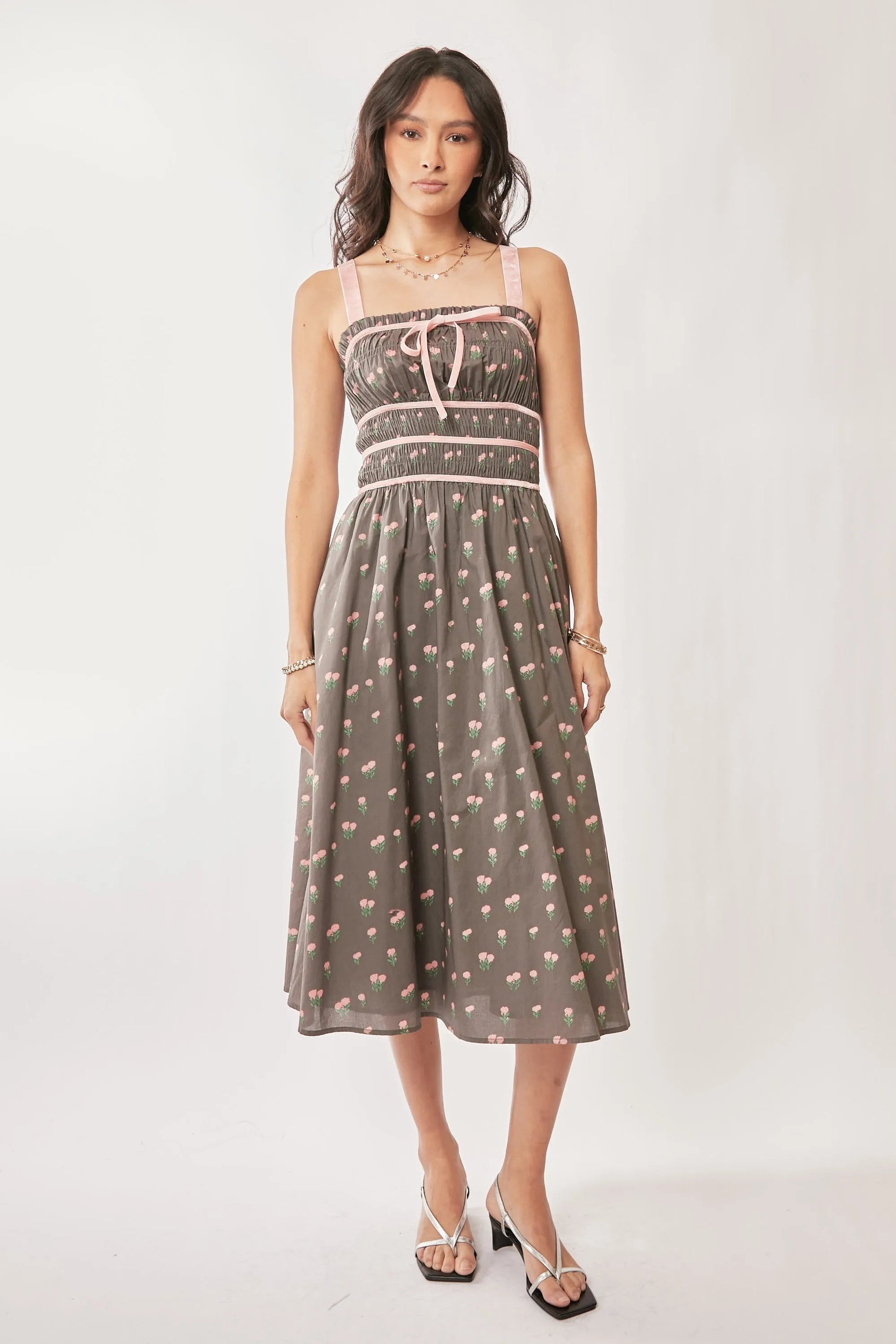 Davi & Dani Contrast Velvet Tape Smocking Bodice Midi Dress - Blu Lotus Boutique