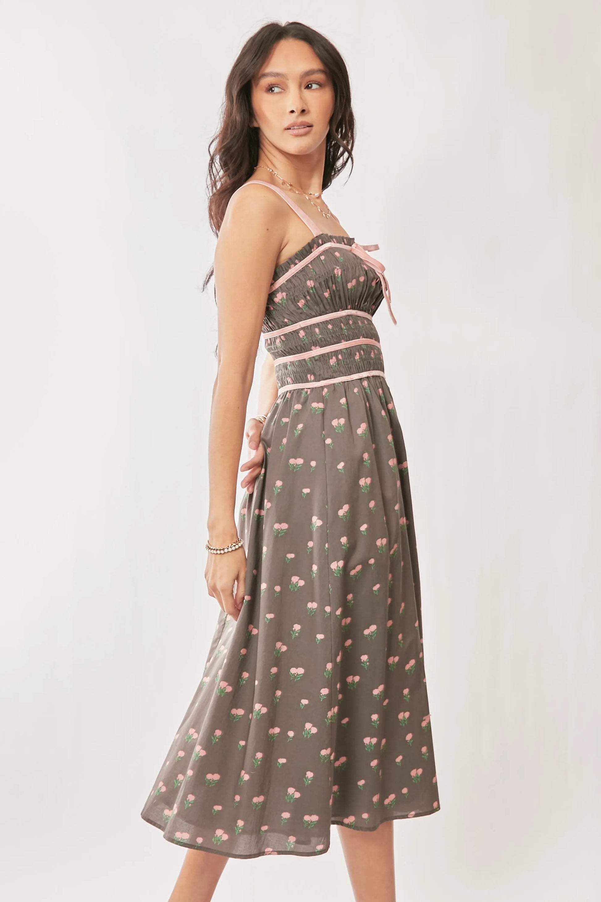 Davi & Dani Contrast Velvet Tape Smocking Bodice Midi Dress - Blu Lotus Boutique
