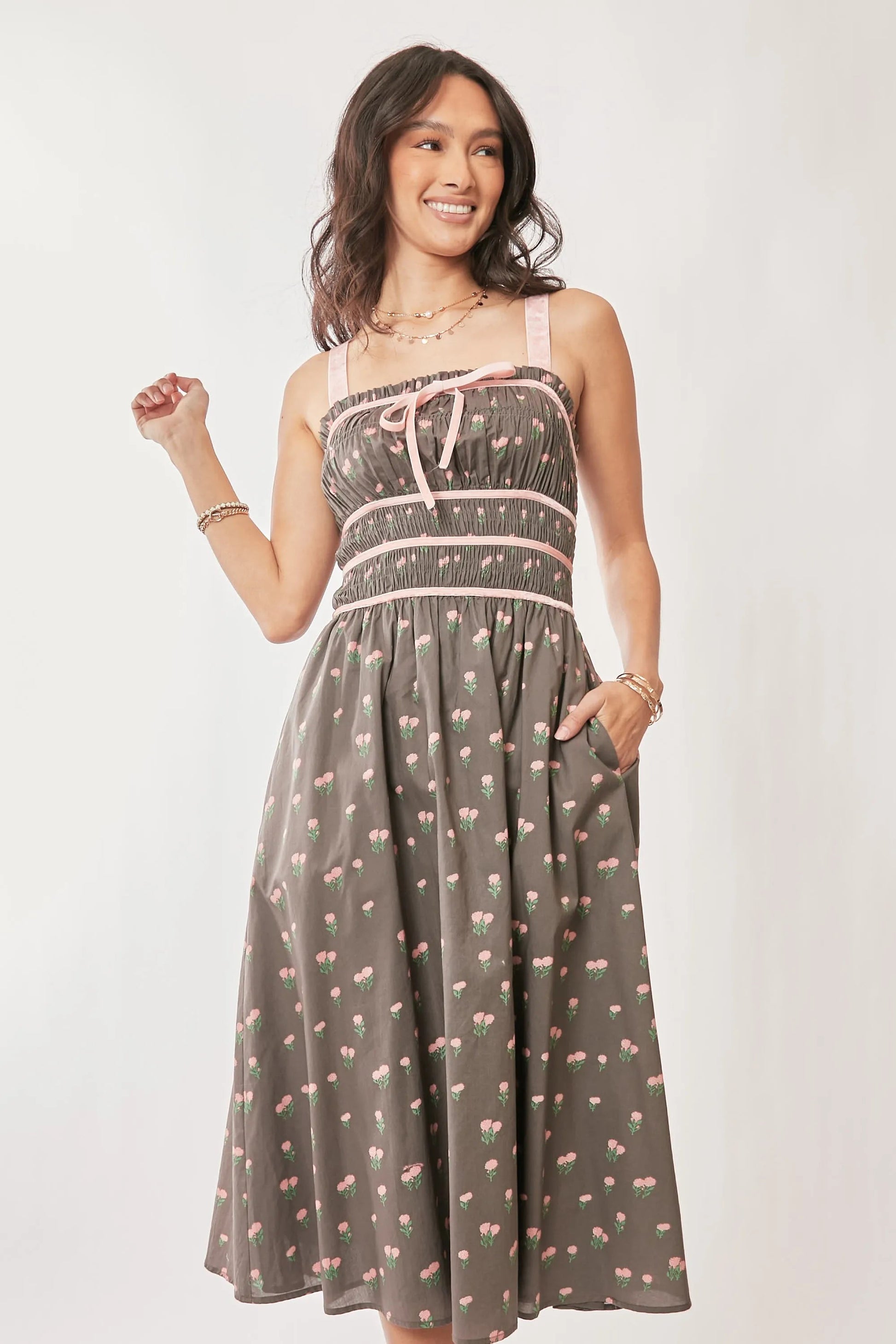 Davi & Dani Contrast Velvet Tape Smocking Bodice Midi Dress - Blu Lotus Boutique
