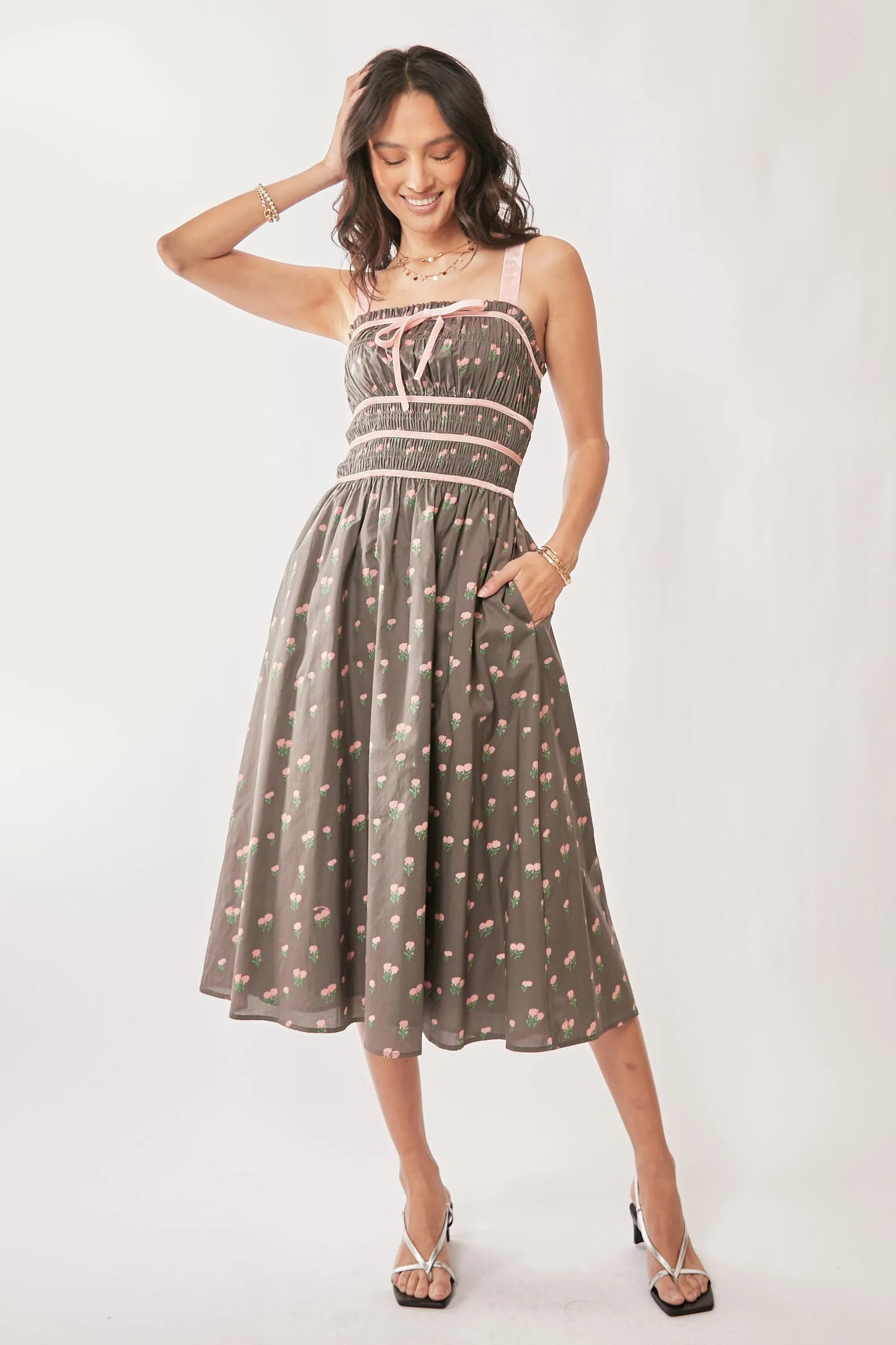 Davi & Dani Contrast Velvet Tape Smocking Bodice Midi Dress - Blu Lotus Boutique