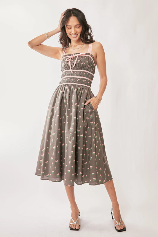 Davi & Dani Contrast Velvet Tape Smocking Bodice Midi Dress - Blu Lotus Boutique