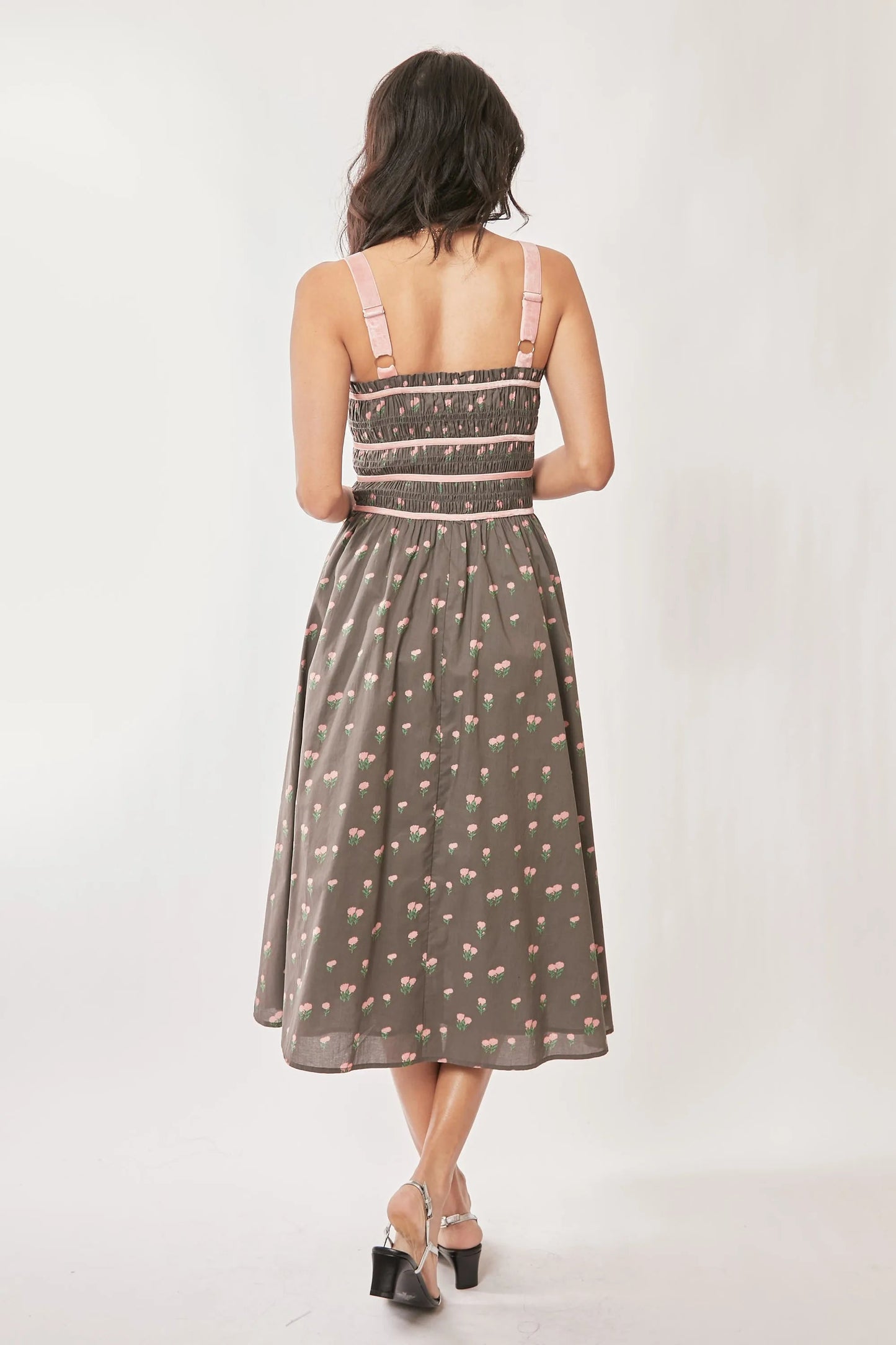 Davi & Dani Contrast Velvet Tape Smocking Bodice Midi Dress - Blu Lotus Boutique