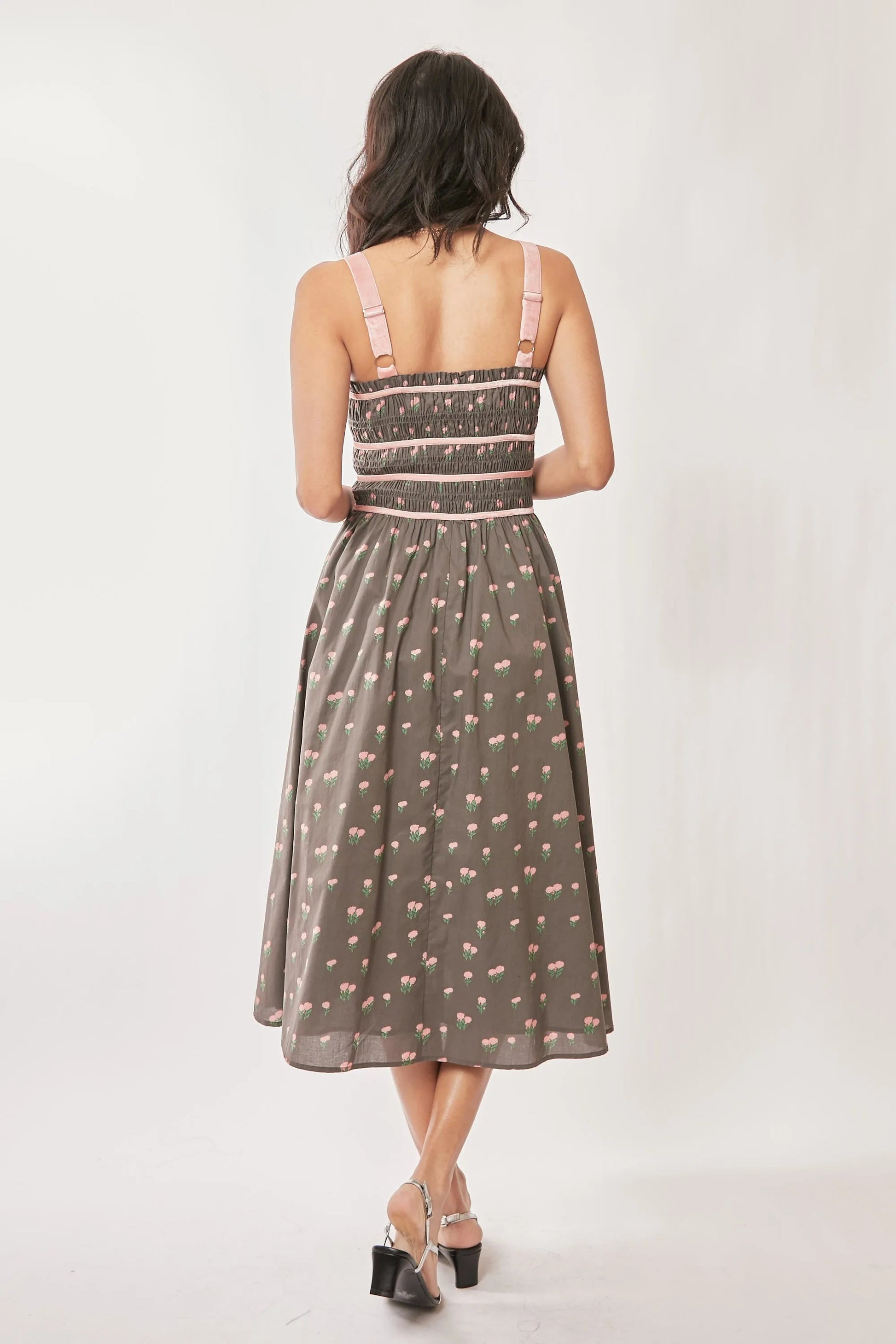 Davi & Dani Contrast Velvet Tape Smocking Bodice Midi Dress - Blu Lotus Boutique