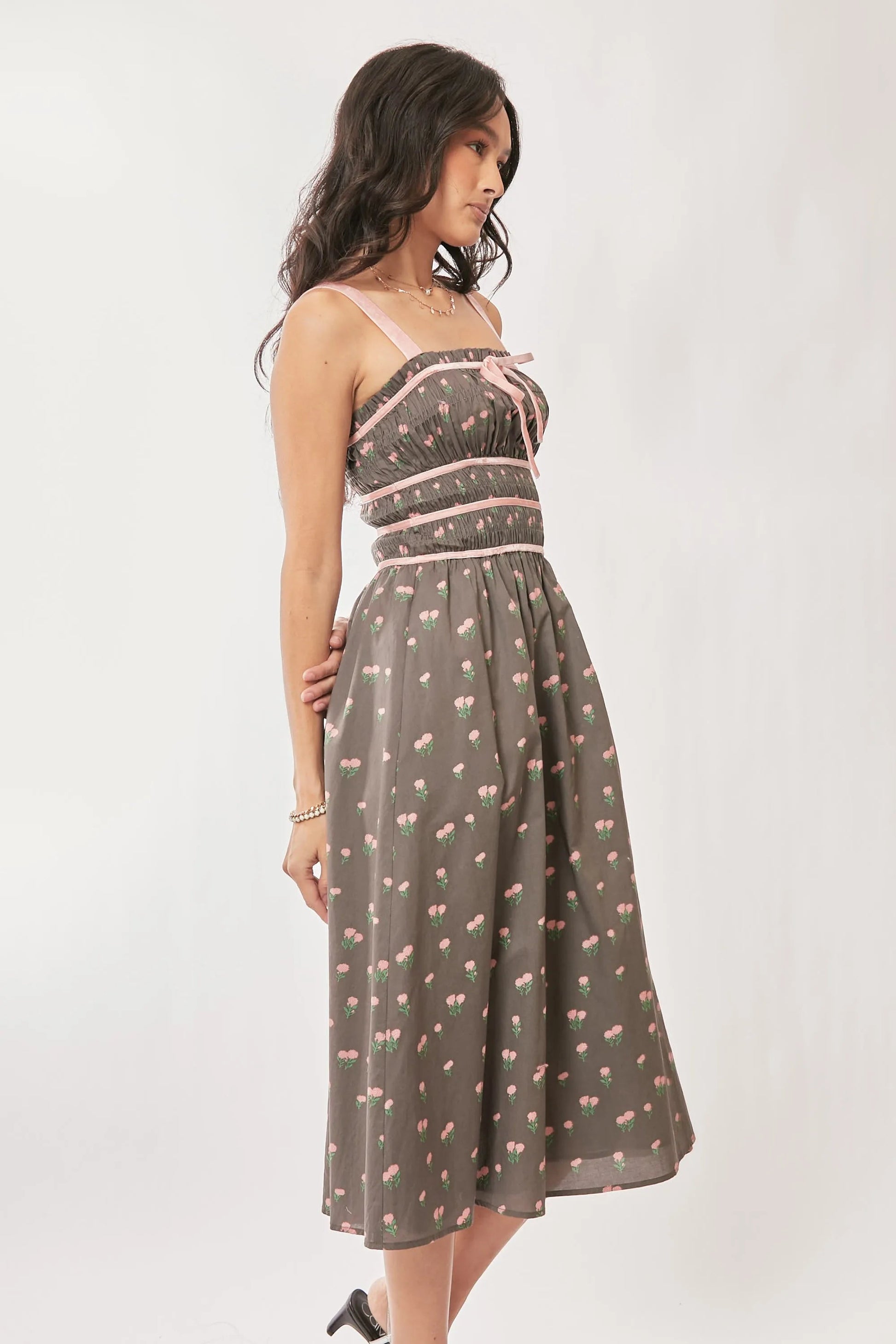 Davi & Dani Contrast Velvet Tape Smocking Bodice Midi Dress - Blu Lotus Boutique