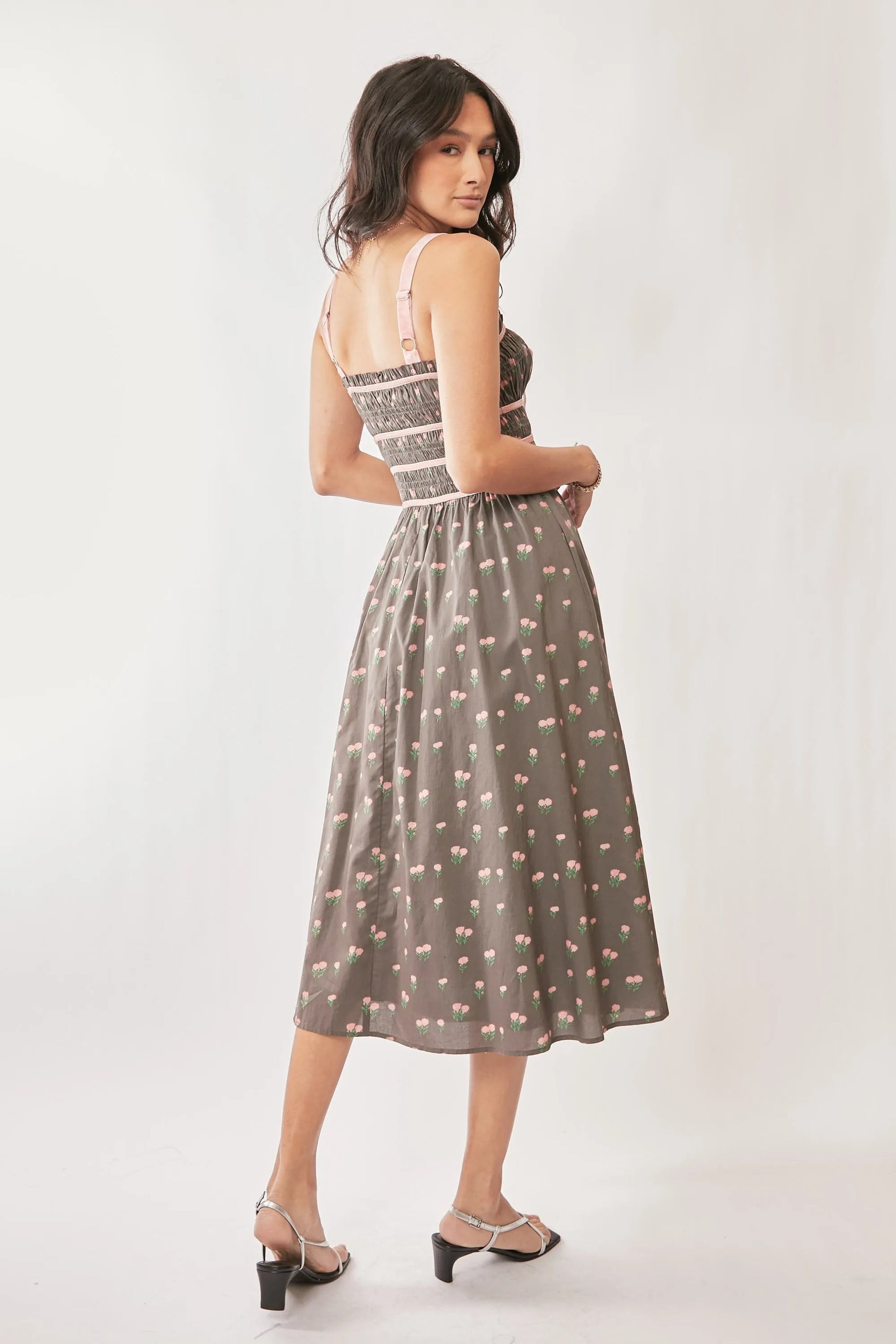 Davi & Dani Contrast Velvet Tape Smocking Bodice Midi Dress - Blu Lotus Boutique