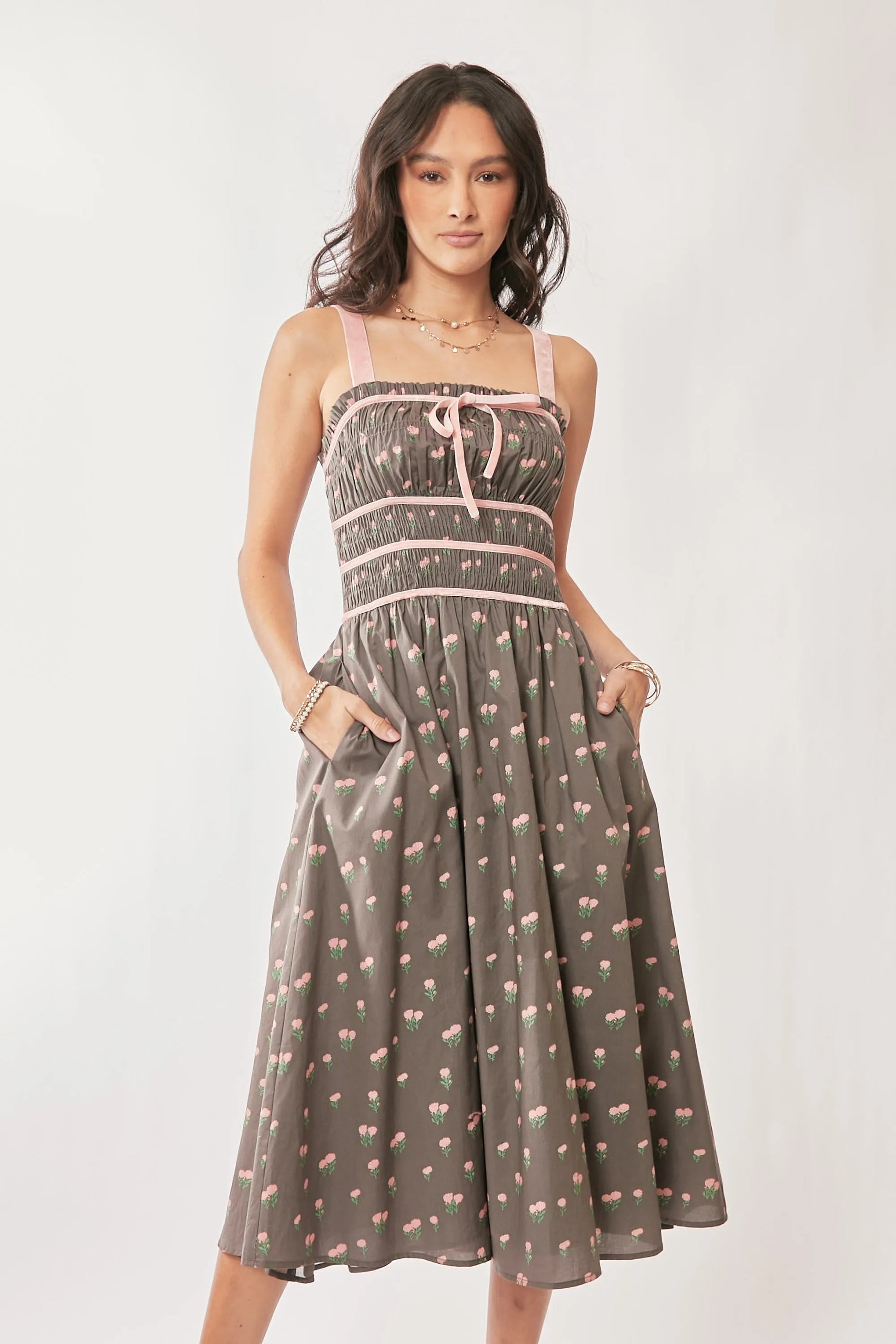 Davi & Dani Contrast Velvet Tape Smocking Bodice Midi Dress - Blu Lotus Boutique