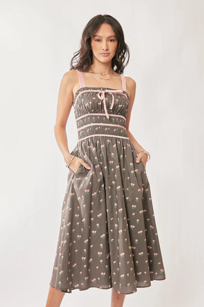 Davi & Dani Contrast Velvet Tape Smocking Bodice Midi Dress - Blu Lotus Boutique