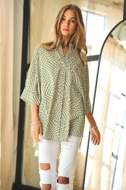 Davi & Dani Geo Printed Relaxed Fit Flowy Button Down Shirt - Blu Lotus Boutique