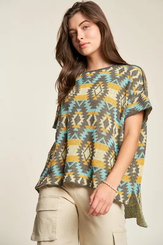 Davi & Dani High - Low Geometric Round Neck Knit Top - Blu Lotus Boutique