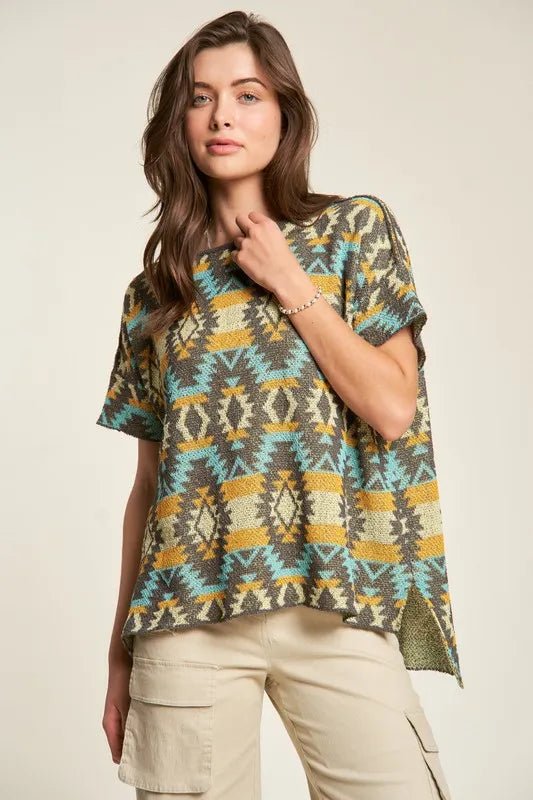 Davi & Dani High - Low Geometric Round Neck Knit Top - Blu Lotus Boutique