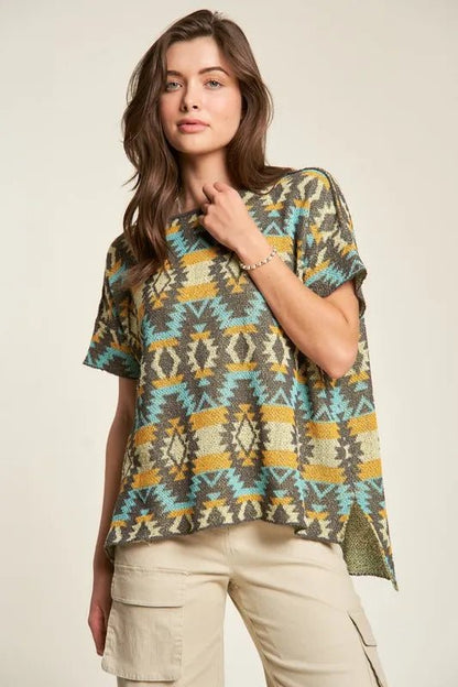 Davi & Dani High - Low Geometric Round Neck Knit Top - Blu Lotus Boutique