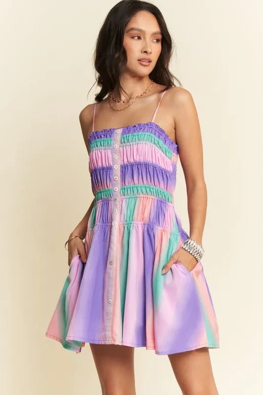 Davi & Dani Multi Color Ombre Printed Bodice Button Up Dress - Blu Lotus Boutique