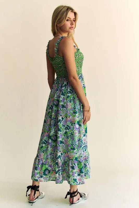 Davi & Dani Multi Smocked Bodice Geo Ruffle Strappy Midi Dress - Blu Lotus Boutique
