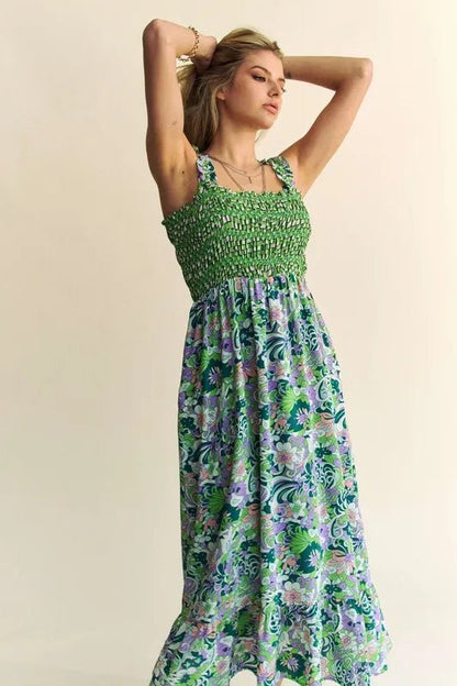 Davi & Dani Multi Smocked Bodice Geo Ruffle Strappy Midi Dress - Blu Lotus Boutique