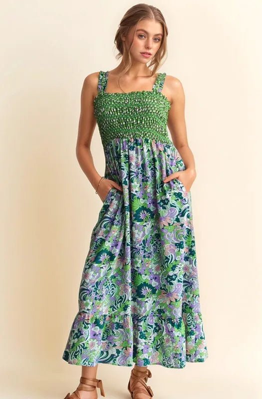 Davi & Dani Multi Smocked Bodice Geo Ruffle Strappy Midi Dress - Blu Lotus Boutique