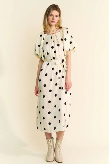 Davi & Dani Polka Dot Puff Sleeves Waist Tie Midi Dress - Blu Lotus Boutique