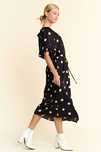 Davi & Dani Polka Dot Puff Sleeves Waist Tie Midi Dress - Blu Lotus Boutique