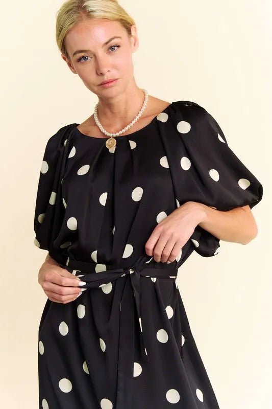 Davi & Dani Polka Dot Puff Sleeves Waist Tie Midi Dress - Blu Lotus Boutique