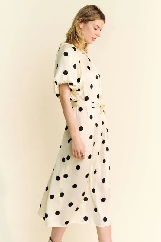 Davi & Dani Polka Dot Puff Sleeves Waist Tie Midi Dress - Blu Lotus Boutique