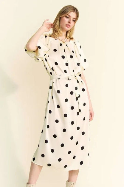 Davi & Dani Polka Dot Puff Sleeves Waist Tie Midi Dress - Blu Lotus Boutique