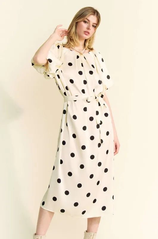 Davi & Dani Polka Dot Puff Sleeves Waist Tie Midi Dress - Blu Lotus Boutique