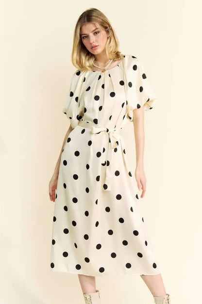 Davi & Dani Polka Dot Puff Sleeves Waist Tie Midi Dress - Blu Lotus Boutique