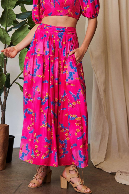 Davi & Dani Printed Smocking Waistband Ruffled Maxi Skirt - Blu Lotus Boutique