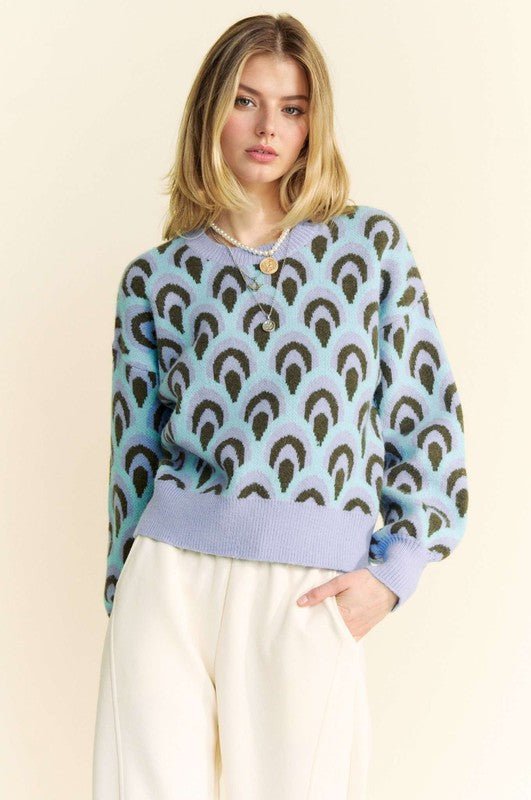 Davi & Dani Scale Jacquard Round Neck Drop Shoulder Sweater - Blu Lotus Boutique