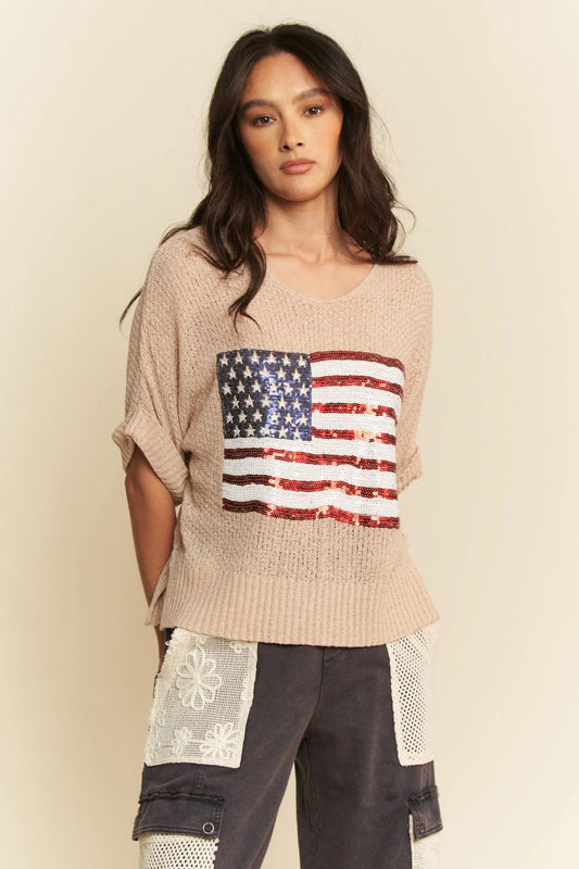 Davi & Dani Sequin American Flag Patch Short Sleeve Knit Top - Blu Lotus Boutique